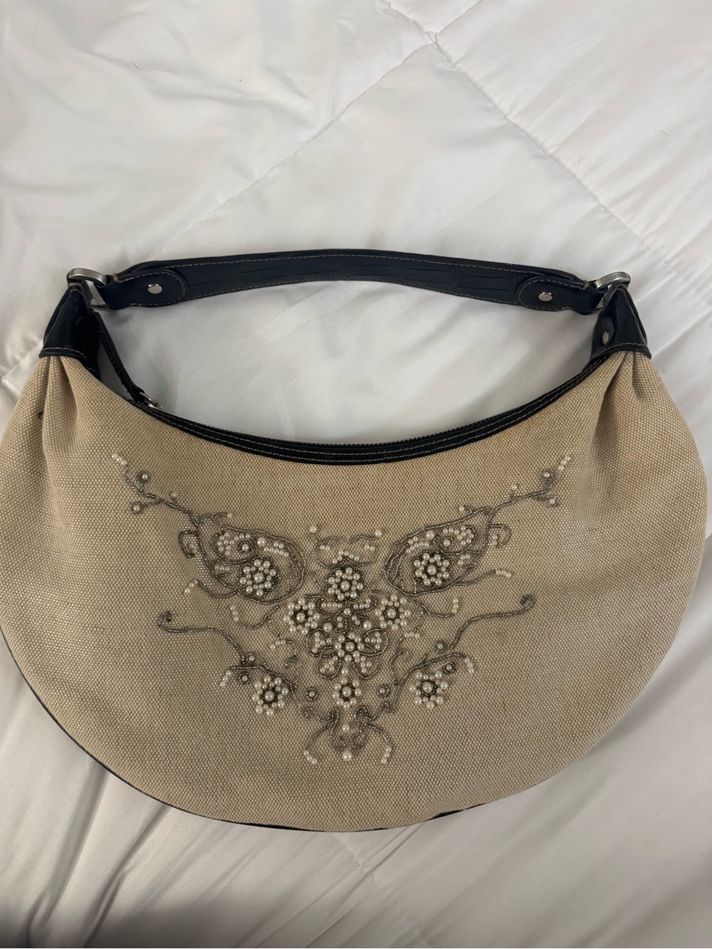 Liz Claiborne Beige Crescent Shoulder Bag with Pearl Embroidery